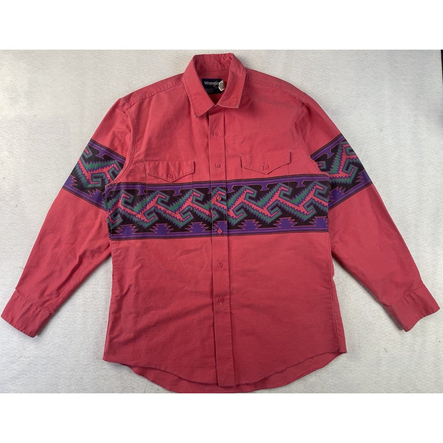 Vintage Wrangler Men’s 16.5 X 34 Western Red Brushpopper Aztec 90s Plaid Shirt